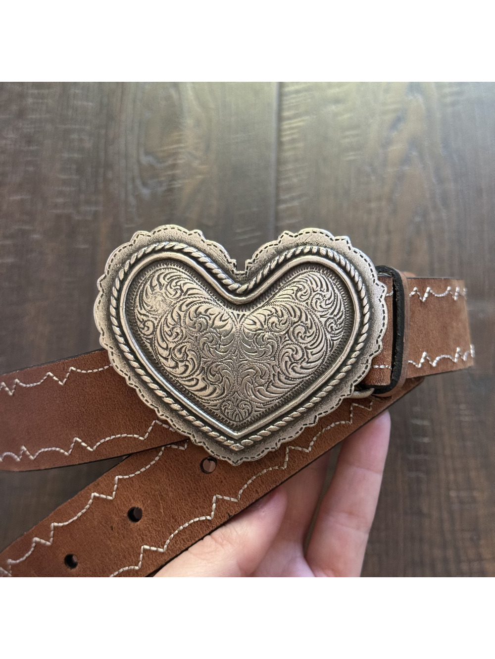 Leather Heart Buckle Silver Tone Western Belt XL Cabela Cowgirl Rodeo Hippie NFR
